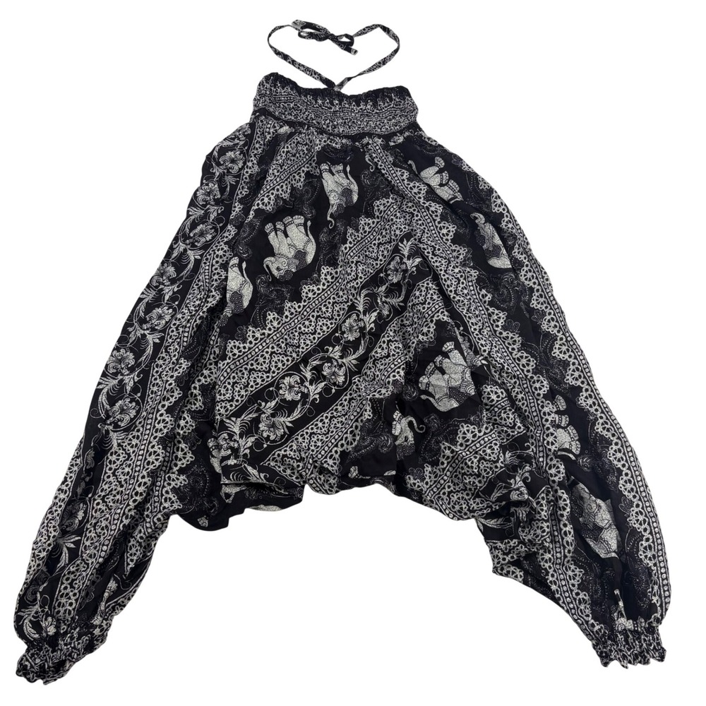 Elephant Print Harem Jumpsuit Women's S/M Black Boho Necktie Vacation Travel